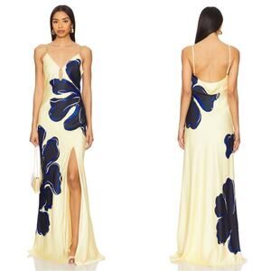 REBECCA VALLANCE Indigo Bloom Floral Gold Hardware Embellished Maxi Dress Size 0